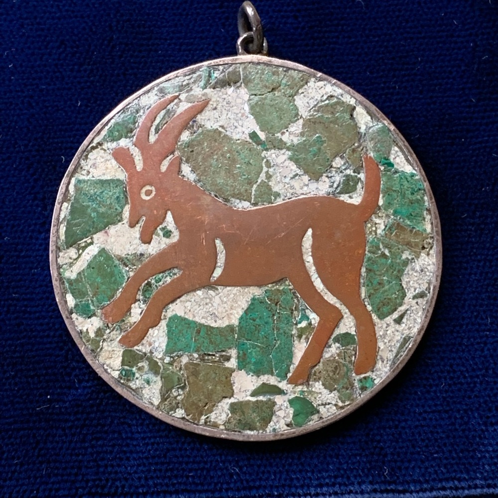 Vintage Sterling Silver Green Inlaid Goat Pendant with Copper Inlay